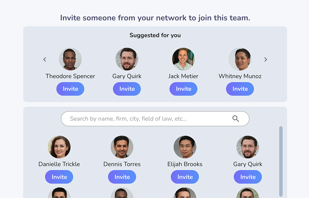 The Teams section of Metwork which is giving suggestions for lawyers from your contacts and lawyers outside of your Metwork that would be good for your team. 