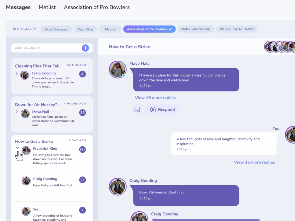 A look at the Metlist feature of the association page where lawyers are collaborating with each other on a multi-threaded chat.