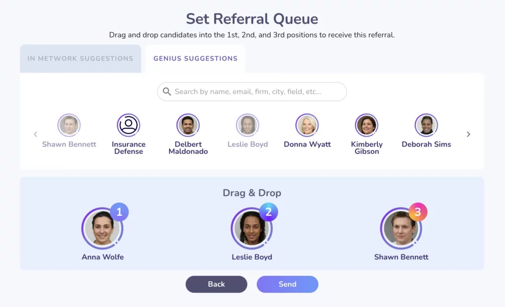 The Metwork referral module shows genius suggestions for lawyers to send a legal referral to.