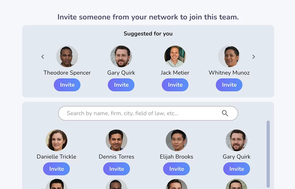 The Teams section of Metwork which is giving suggestions for lawyers from your contacts and lawyers outside of your Metwork that would be good for your team.