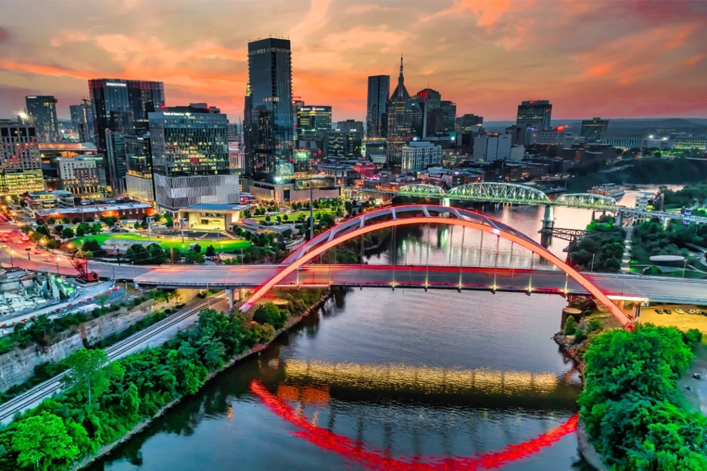 The Nashville skyline at dusk.